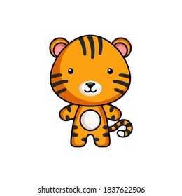 Cute cartoon tiger logo template on white background. Mascot animal character design of album, scrapbook, greeting card, invitation, flyer, sticker, card. Vector stock illustration.