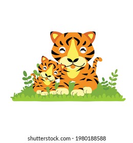 Cute Cartoon Tiger Mom And Baby. 