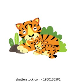 Cute Cartoon Tiger Mom And Baby. 