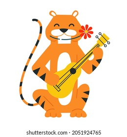 Cute cartoon tiger. Music. New Year 2022. Chinese horoscope. Vector isolated illustration. Cute character playing the guitar. Music and musical instruments. Poster greeting card design template