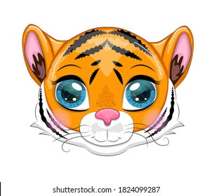 Cute cartoon tiger muzzle with beautiful eyes, bright, orange, design.