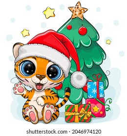 Cute Cartoon Tiger is near the Christmas tree