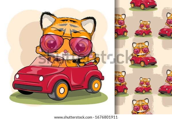 Cute Cartoon tiger on a red
car