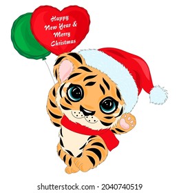 Cute cartoon tiger on a white background. Symbol of 2022 on the Chinese calendar. Cute little tiger in christmas costume
