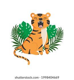 Cute cartoon tiger with open mouth roaring. Illustration for prints, kids cards, poster, t-shirts. Vector illustration. Greeting card.