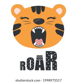 Cute cartoon tiger with open mouth roaring. Illustration for prints, kids cards, poster, t-shirts. Vector illustration. Greeting card.