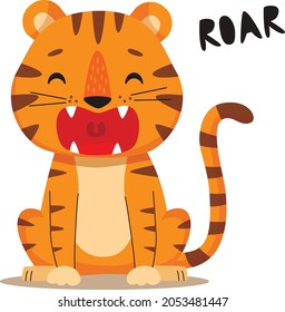 Cute cartoon tiger with open mouth roaring. Flat poster for prints, kids cards, posters, t-shirts, and funny avatars. Vector illustration. Greeting card.