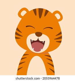 Cute cartoon tiger with open mouth roaring. Modern flat poster for prints, kids cards, poster, t-shirts and funny avatars. Vector illustration. Greeting card.