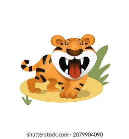 Cute cartoon tiger opens its mouth wide and angry growls. Vector illustration isolated on white background