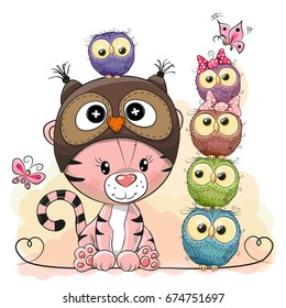 Cute Cartoon Tiger in a owl hat and five Owls