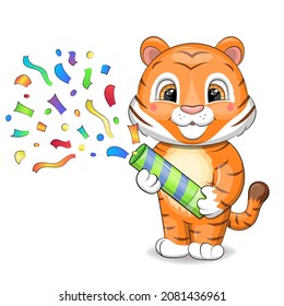 Cute cartoon tiger with party confetti popper. Vector illustration of an animal on a white background.