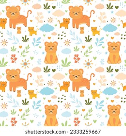 Cute cartoon tiger pattern,  tiger cub with brown stripes on white background.