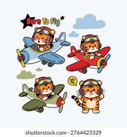 Cute Cartoon Tiger Pilots Flying Airplanes Seamless Pattern