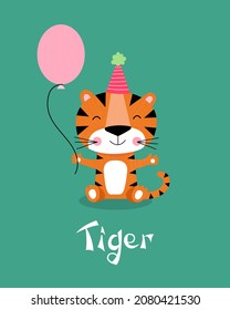 Cute cartoon tiger with pink balloon. Vector illustration, flat style. Animal character for child and kids prints, greeting cards, nursery wall art.