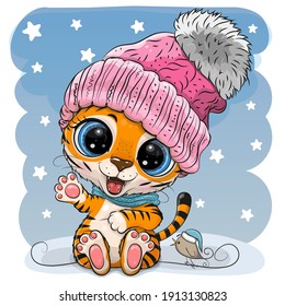 Cute Cartoon Tiger in a pink hat on a blue background