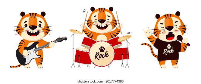 Cute cartoon tiger playing electric guitar, drums and singing, rock band. Symbol of 2022, year of the tiger. Vector illustration isolated on white background
