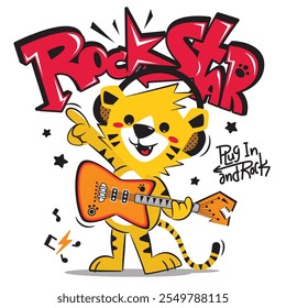 Cute cartoon tiger playing electric guitar with text "Rock Star" isolated on white background illustration vector.
