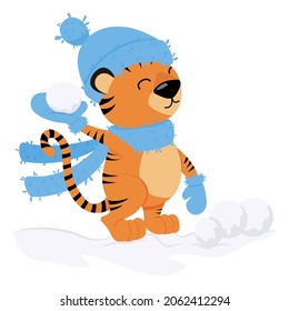 Cute cartoon tiger playing snow balls. Cartoon illustration isolated on white background.