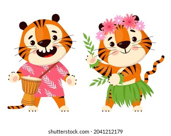 Cute cartoon tiger plays the drum   dances hawaiian hula dance  Symbol 2022  year the tiger  Vector illustration