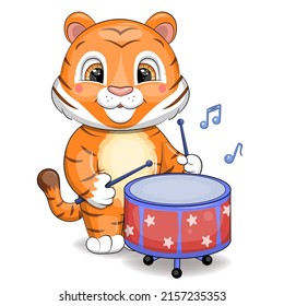 Cute cartoon tiger plays the drums. Vector illustration of an animal on a white background.