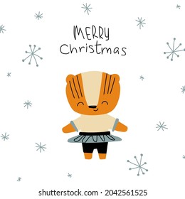 Cute cartoon tiger. Print for cards, clothes. Vector cartoon illustration. Christmas card 2022