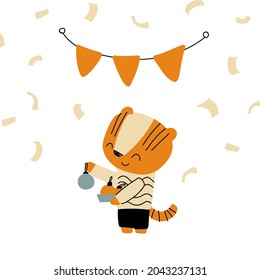 Cute cartoon tiger. Print for cards, clothes. Vector cartoon illustration. Christmas card 2022