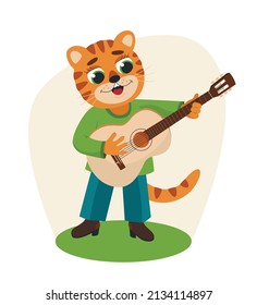 Cute cartoon tiger print, stickers. Funny Tiger play musical instrument - guitar. Vector illustration in flat style 