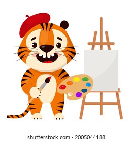 Cute cartoon tiger in a red beret with an artist palette in hands draws a picture on an easel. Vector illustration