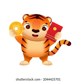 cute cartoon tiger with red envelope and golden coin money. Happy Chinese new year. Lunar zodiac animal for 2022 year of the tiger celebration. translation means happiness, luck, welath, prosperity
