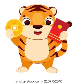 cute cartoon tiger with red envelope and golden coin money. Happy Chinese new year mascot. Lunar zodiac animal for 2022 year of the tiger celebration