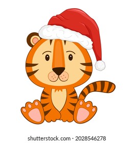 Cute Cartoon Tiger in a red hat on white isolated background. Symbol 2022 year. Flat style.