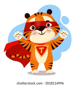 Cute cartoon tiger in a red superhero cape. Symbol of 2022, year of the tiger. Vector illustration