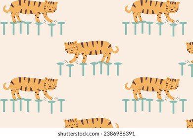 cute cartoon tiger in retro color seamless pattern