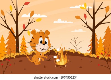 Cute cartoon tiger roasts marshmallows on a campfire in the forest. Autumn landscape. 2022 symbol of the year. Animal character. Color vector illustration for kids. Flat style