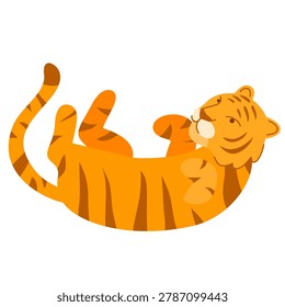 cute cartoon tiger rolling on its back smiling happily