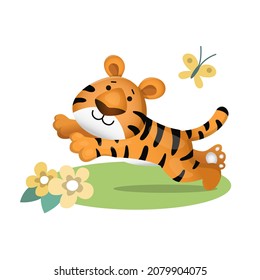 Cute cartoon tiger running after butterfly and jumping. Vector illustration isolated on white background