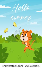 Cute cartoon tiger runs across the field after butterflies. Background of a summer landscape with bushes and grass.Vertical rectangular card with an adorable character.Hello summer.Vector illustration