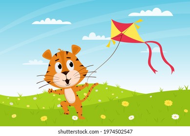 Cute cartoon tiger runs with a kite in the field. Summer landscape. 2022 symbol of the year. Animal character. Color vector illustration for kids. Flat style