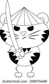 Cute cartoon Tiger Samurai. Draw illustration in black and white