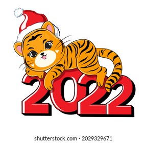 Cute cartoon tiger in santa claus hat lies on the digits 2022. Isolated vector illustration. Christmas concept, chinese new year, symbol of 2022