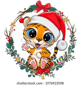 Cute Cartoon Tiger in Santa hat with christmas wreath