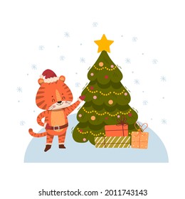 Cute cartoon tiger in a Santa hat near the Christmas tree and gifts. The symbol of the year 2022. New Year and Christmas holidays. Template for postcards and posters isolated on a white background