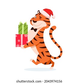 Cute cartoon tiger in Santa hat with Christmas presents isolated on white background. Adorable winking holiday orange striped wildcat. Smiling Chinese New Year 2022 symbol. Animal vector illustration.