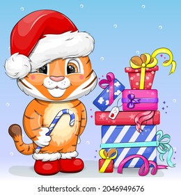 Cute cartoon tiger with santa hat, candy cane and gifts. New Year vector illustration.