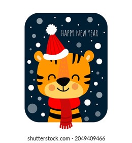 Cute cartoon tiger in santa hat on a blue background for your design.Greeting card
