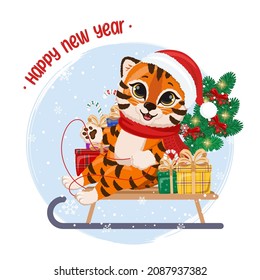 Cute cartoon tiger Santa sledding. Funny baby tiger on winter background with Christmas tree, gift boxes, snowflakes. Happy New Year.