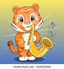 Tigre de dibujos animados con saxofón. Ilustración vectorial del animal sobre el fondo azul y amarillo.