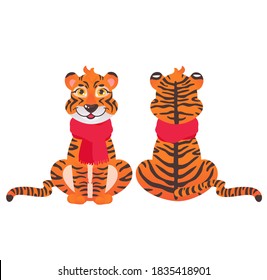 Cute cartoon tiger in a scarf front and back view. Print for postcards, t-shirts or toy for kids