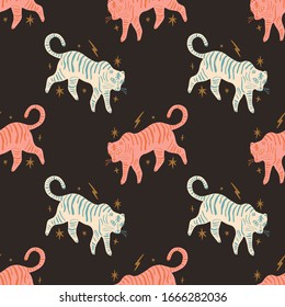 Cute cartoon tiger seamless pattern. Vector art, baby illustration