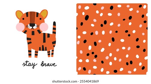 Cute cartoon tiger seamless pattern background print fabric design. Abstract bright minimalist illustration